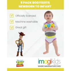 Disney Pixar Toy Story Rex Slinky Dog Buzz Lightyear Baby 5 Pack Bodysuits Newborn To Infant
