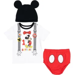 Disney Mickey Mouse 1st Birthday Cosplay Graphic T-Shirt Diaper Cover And Hat 3 Piece Outfit Set White/Red -Disney Clothing Store GUEST 4c7e0070 edd8 45cb a5ef 36d63dbfa86a