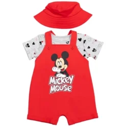 Disney Mickey Mouse Baby French Terry Short Overalls T-Shirt And Hat 3 Piece Outfit Set Newborn To Infant